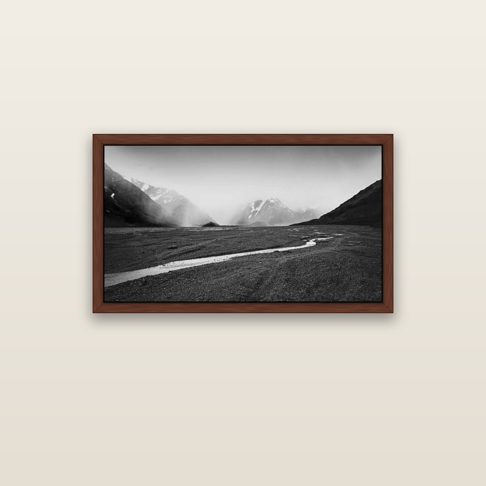 Godley's Storm, Mount Cook National Park — brown float frame canvas, 102 × 56 cm. New Zealand fine art landscape wall art by Stephen Milner.