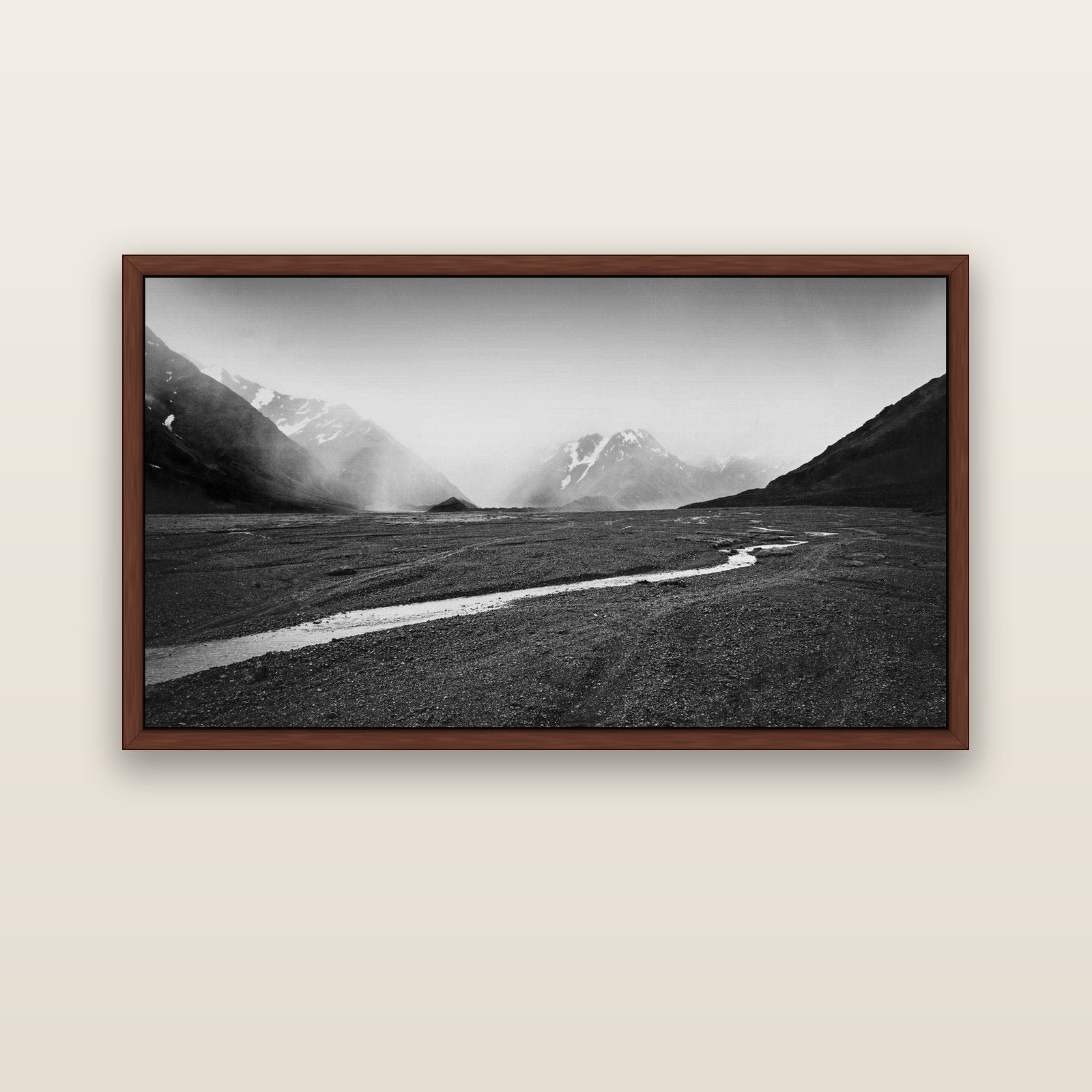 Godley's Storm, Mount Cook National Park — brown float frame canvas, 152 × 86 cm. New Zealand fine art landscape wall art by Stephen Milner.