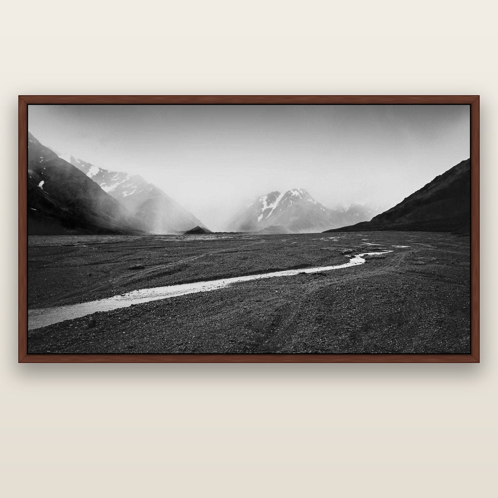 Godley's Storm, Mount Cook National Park — brown float frame canvas, 200 × 130 cm. New Zealand fine art landscape wall art by Stephen Milner.