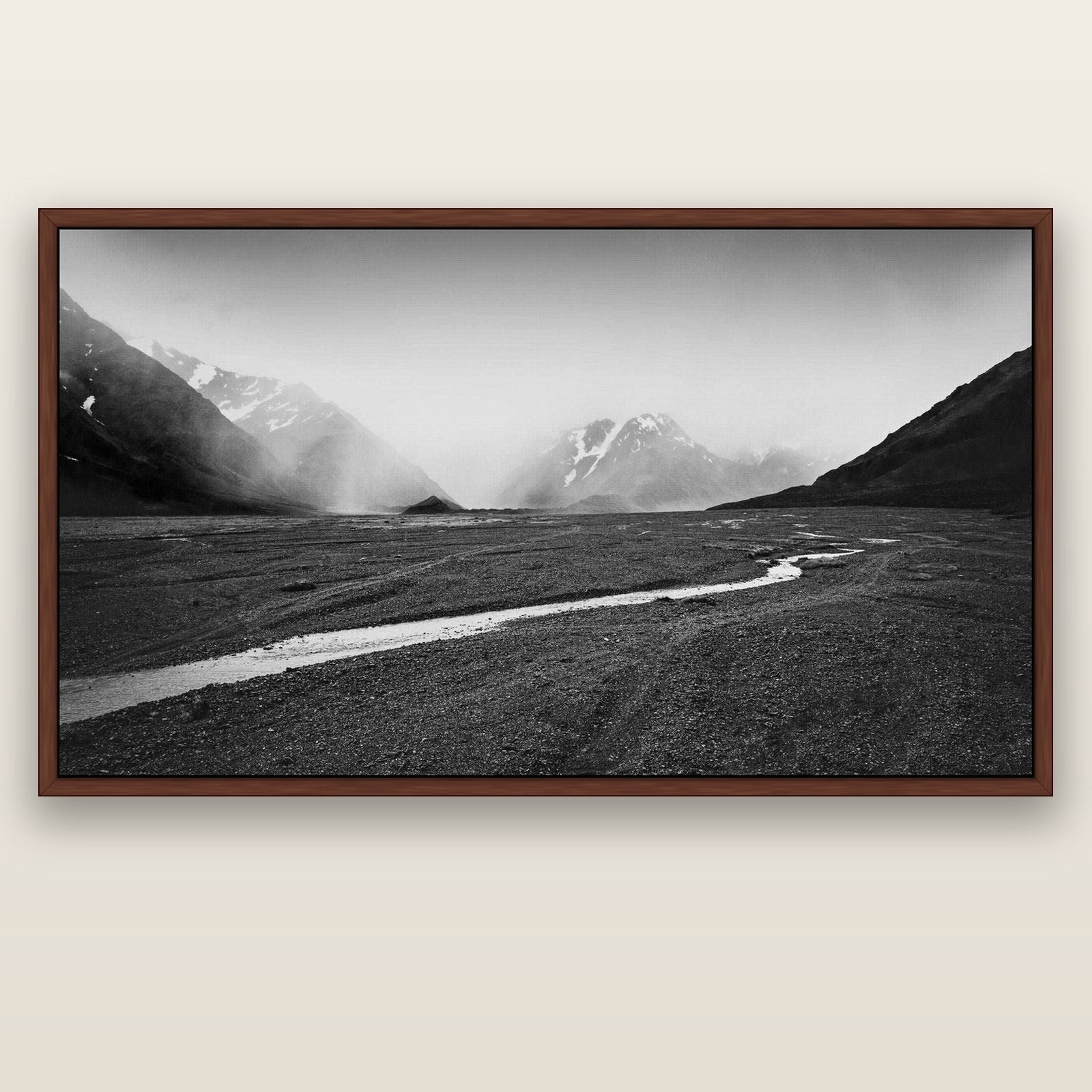 Godley's Storm, Mount Cook National Park — brown float frame canvas, 201 × 99 cm. New Zealand fine art landscape wall art by Stephen Milner.