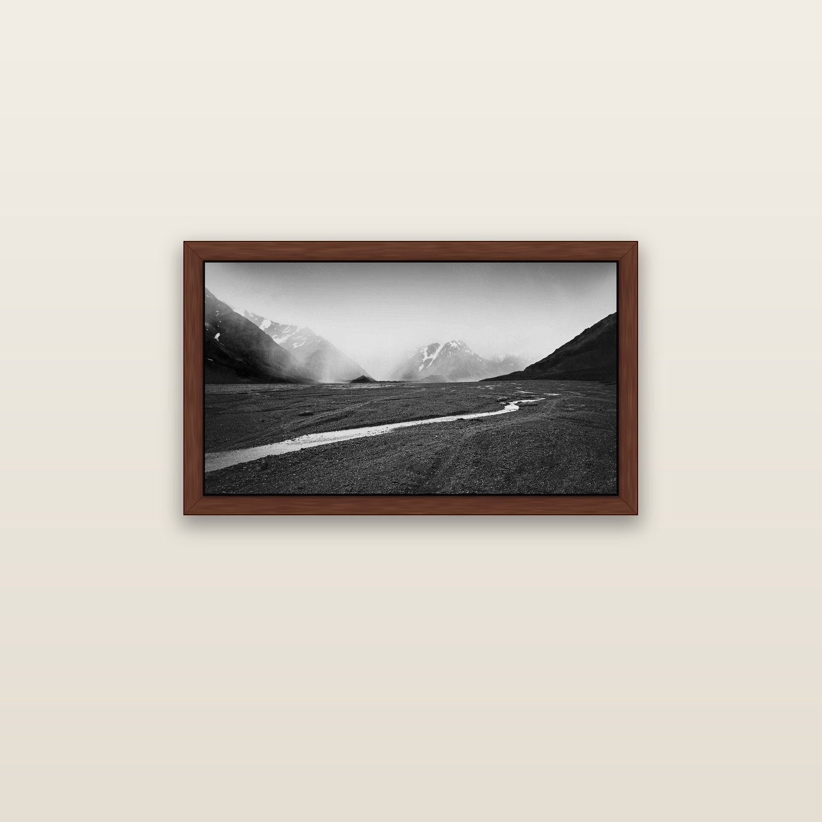 Godley's Storm, Mount Cook National Park — brown float frame canvas, 81 × 46 cm. New Zealand fine art landscape wall art by Stephen Milner.