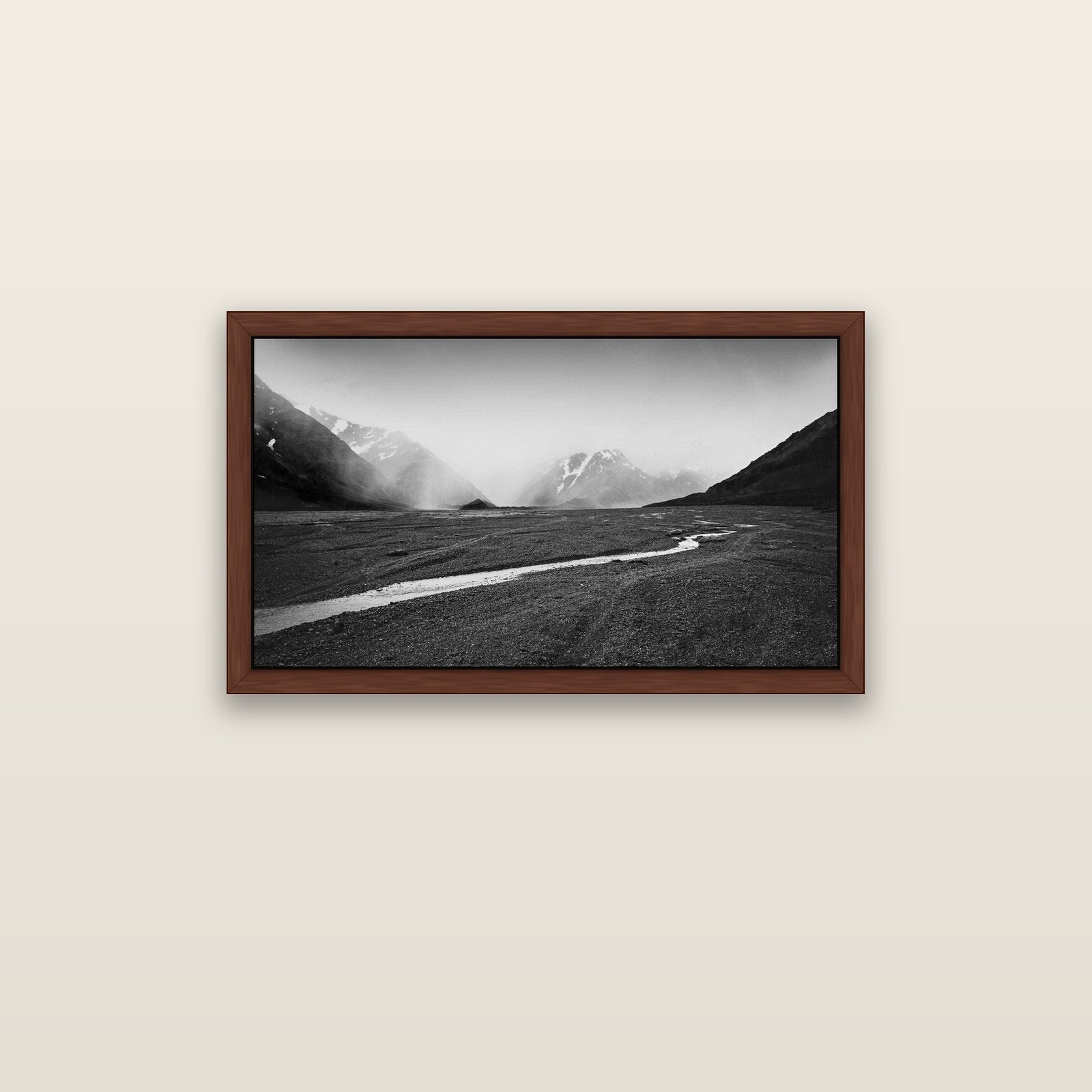 Godley's Storm, Mount Cook National Park — brown float frame canvas, 91 × 51 cm. New Zealand fine art landscape wall art by Stephen Milner.