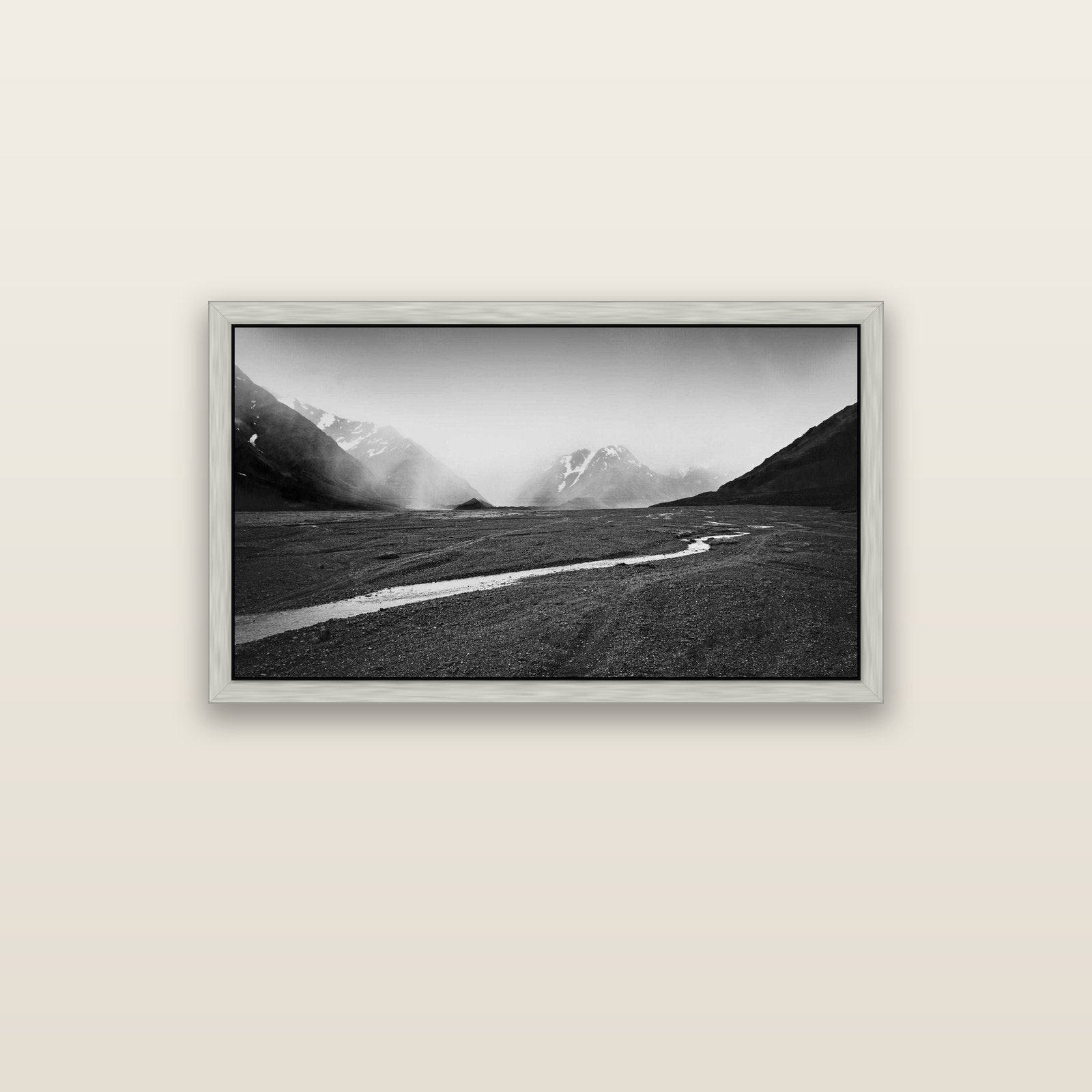 Godley's Storm, Mount Cook National Park — silver float frame canvas, 102 × 56 cm. New Zealand fine art landscape wall art by Stephen Milner.