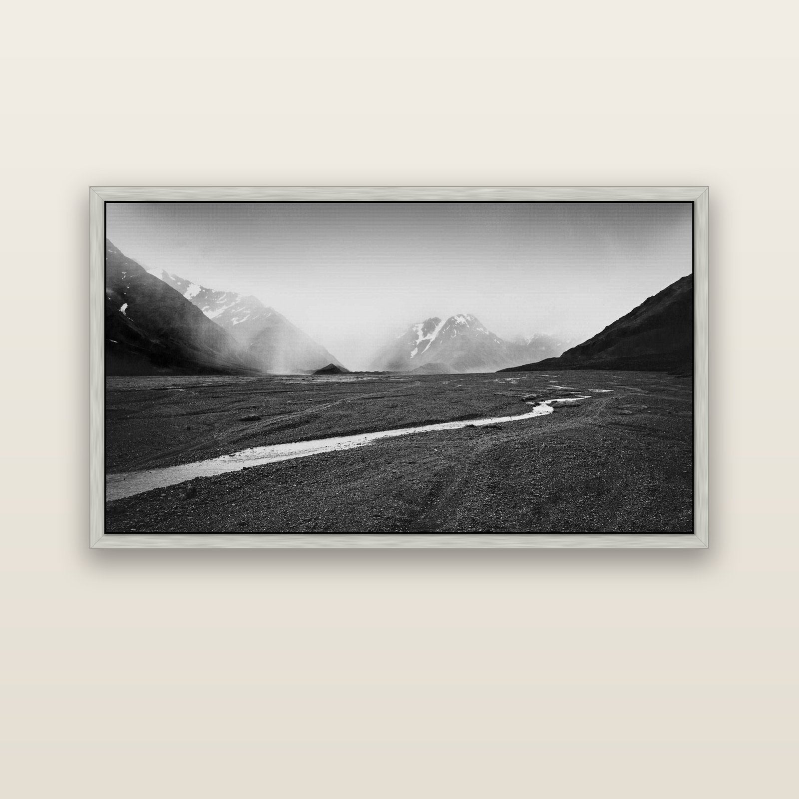 Godley's Storm, Mount Cook National Park — silver float frame canvas, 152 × 86 cm. New Zealand fine art landscape wall art by Stephen Milner.