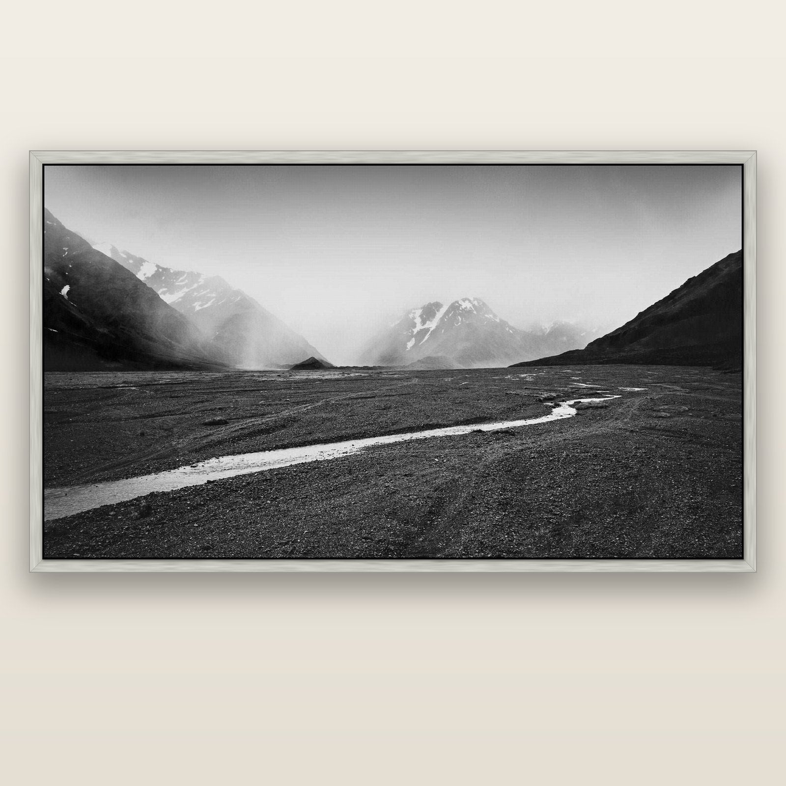 Godley's Storm, Mount Cook National Park — silver float frame canvas, 200 × 130 cm. New Zealand fine art landscape wall art by Stephen Milner.
