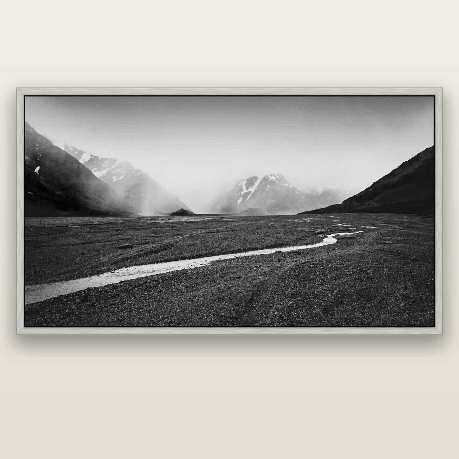 Godley's Storm, Mount Cook National Park — silver float frame canvas, 201 × 99 cm. New Zealand fine art landscape wall art by Stephen Milner.