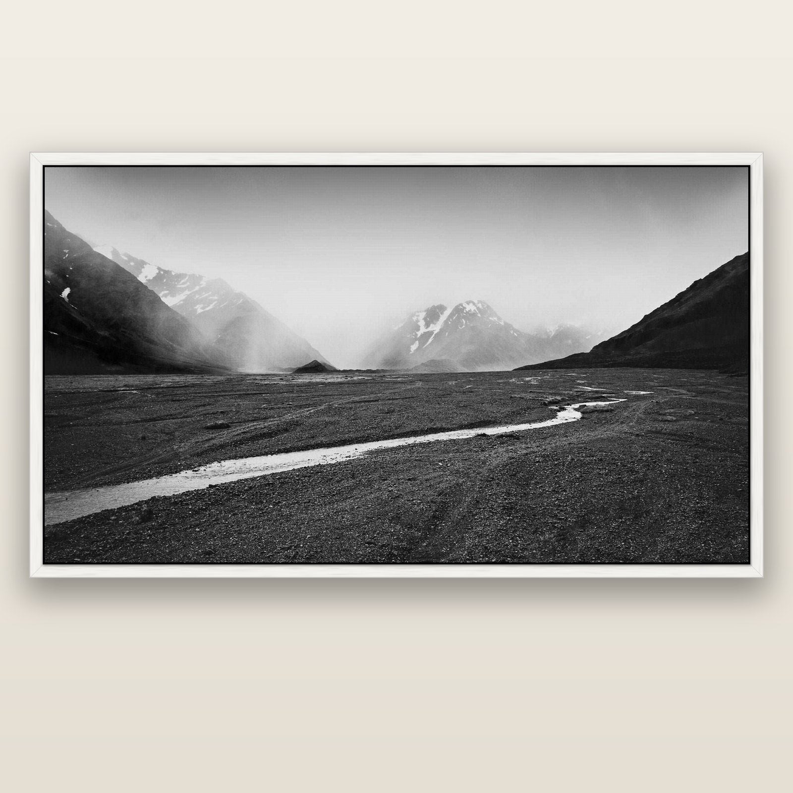 Godley's Storm, Mount Cook National Park — white float frame canvas, 200 × 130 cm. New Zealand fine art landscape wall art by Stephen Milner.