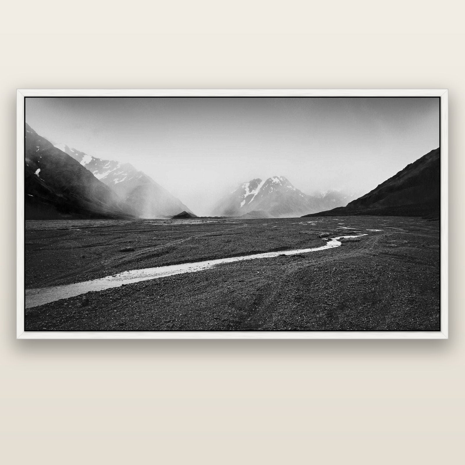 Godley's Storm, Mount Cook National Park — white float frame canvas, 201 × 99 cm. New Zealand fine art landscape wall art by Stephen Milner.