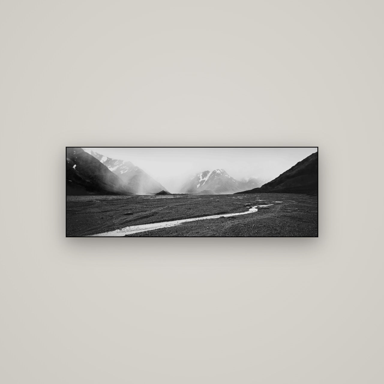 Godley's Storm, Mount Cook National Park — Slimline Black, 113×40 cm. New Zealand fine art wall art by Stephen Milner.