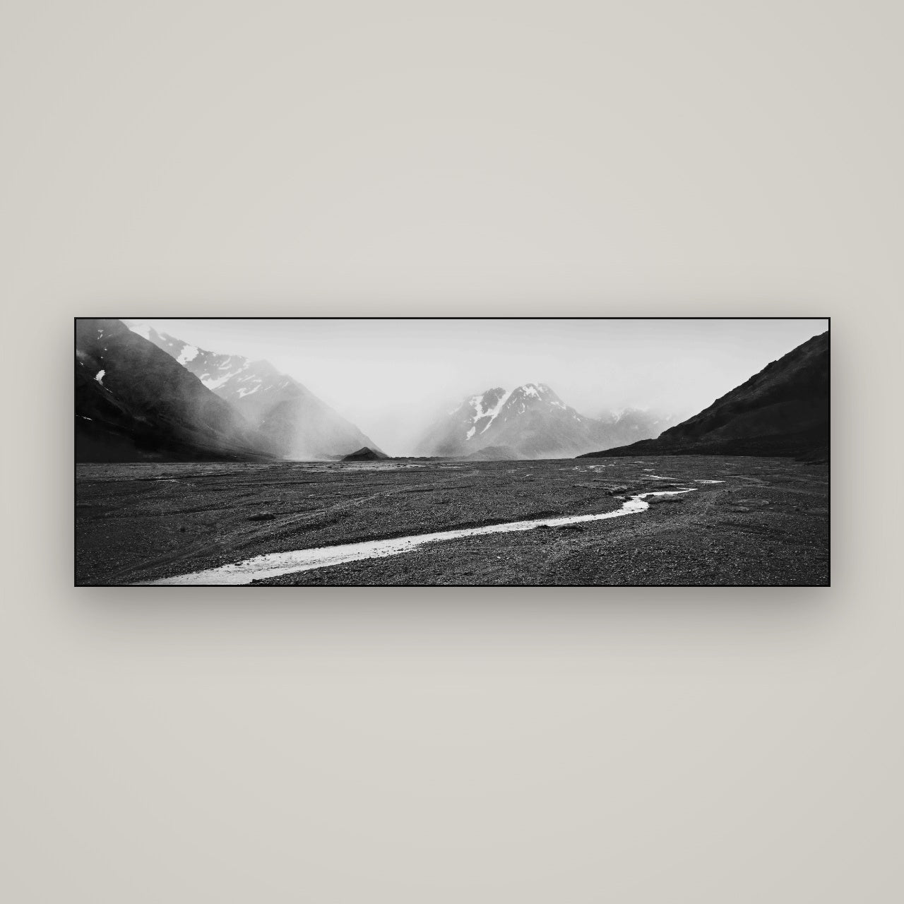 Godley's Storm, Mount Cook National Park — Slimline Black, 170×60 cm. New Zealand fine art wall art by Stephen Milner.