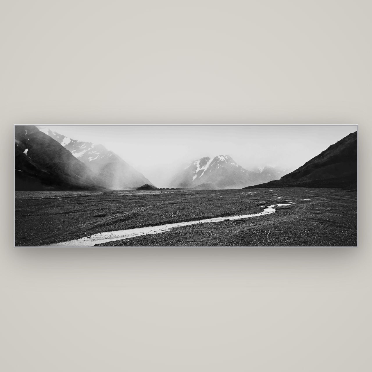 Godley's Storm, Mount Cook National Park — Slimline Silver, 198×70 cm. New Zealand fine art wall art by Stephen Milner.