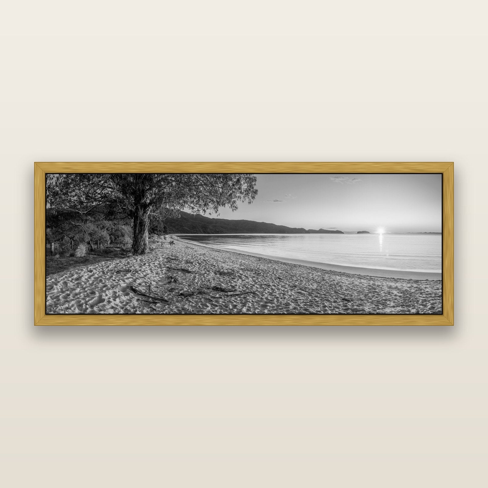 Gateway to Dawn, Abel Tasman, black and white framed metallic canvas print, Antique Gold frame. New Zealand fine art wall art by Stephen Milner.