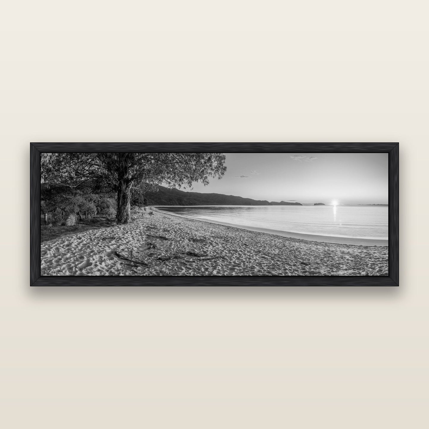 Gateway to Dawn, Abel Tasman, black and white framed metallic canvas print, Black frame. New Zealand fine art wall art by Stephen Milner.