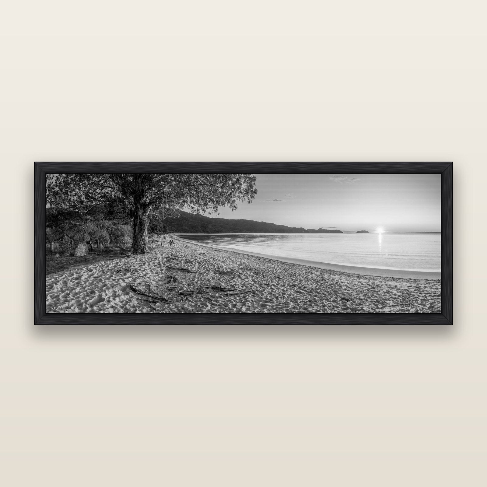 Gateway to Dawn, Abel Tasman, black and white framed metallic canvas print, Black frame. New Zealand fine art wall art by Stephen Milner.