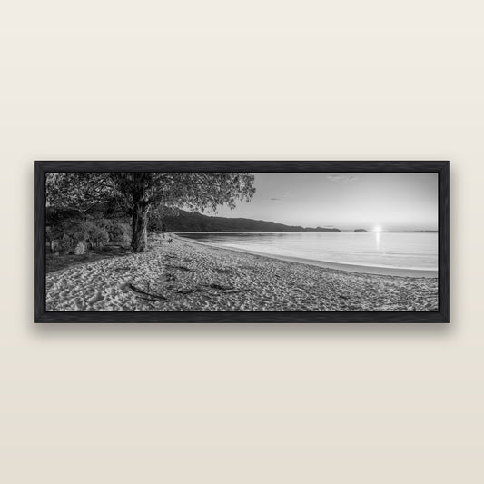 Gateway to Dawn, Abel Tasman, black and white framed metallic canvas print, Black frame. New Zealand fine art wall art by Stephen Milner.