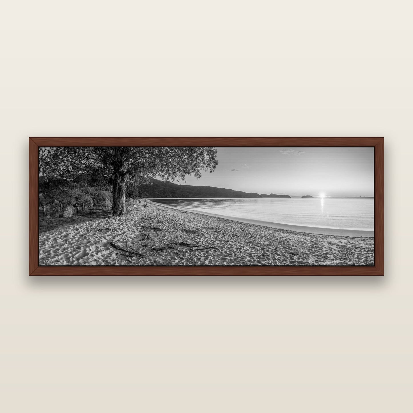 Gateway to Dawn, Abel Tasman, black and white framed metallic canvas print, Brown frame. New Zealand fine art wall art by Stephen Milner.