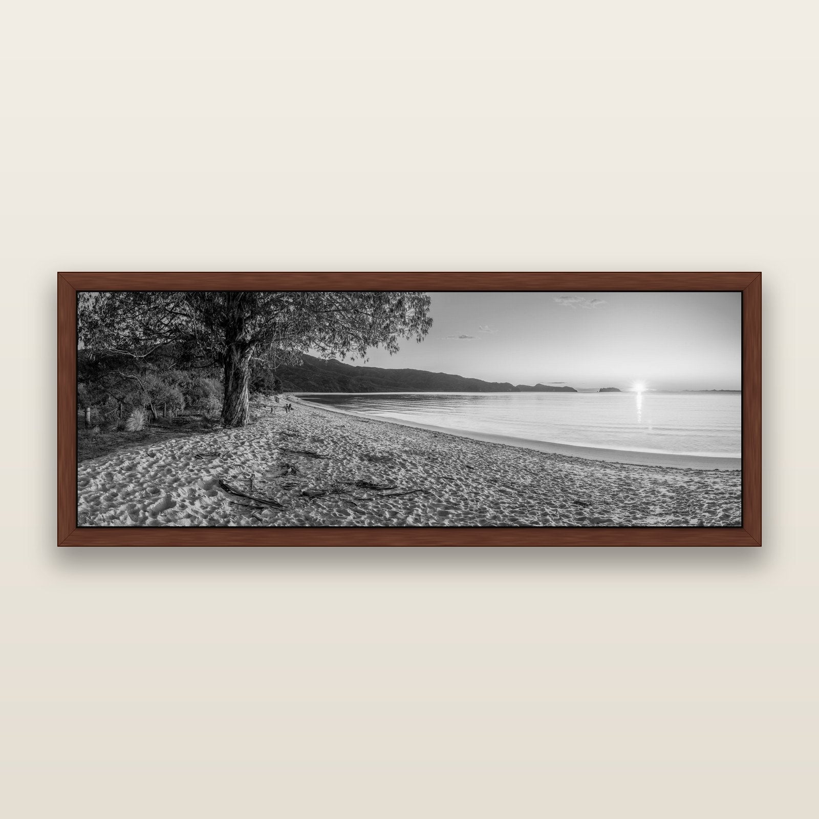 Gateway to Dawn, Abel Tasman, black and white framed metallic canvas print, Brown frame. New Zealand fine art wall art by Stephen Milner.