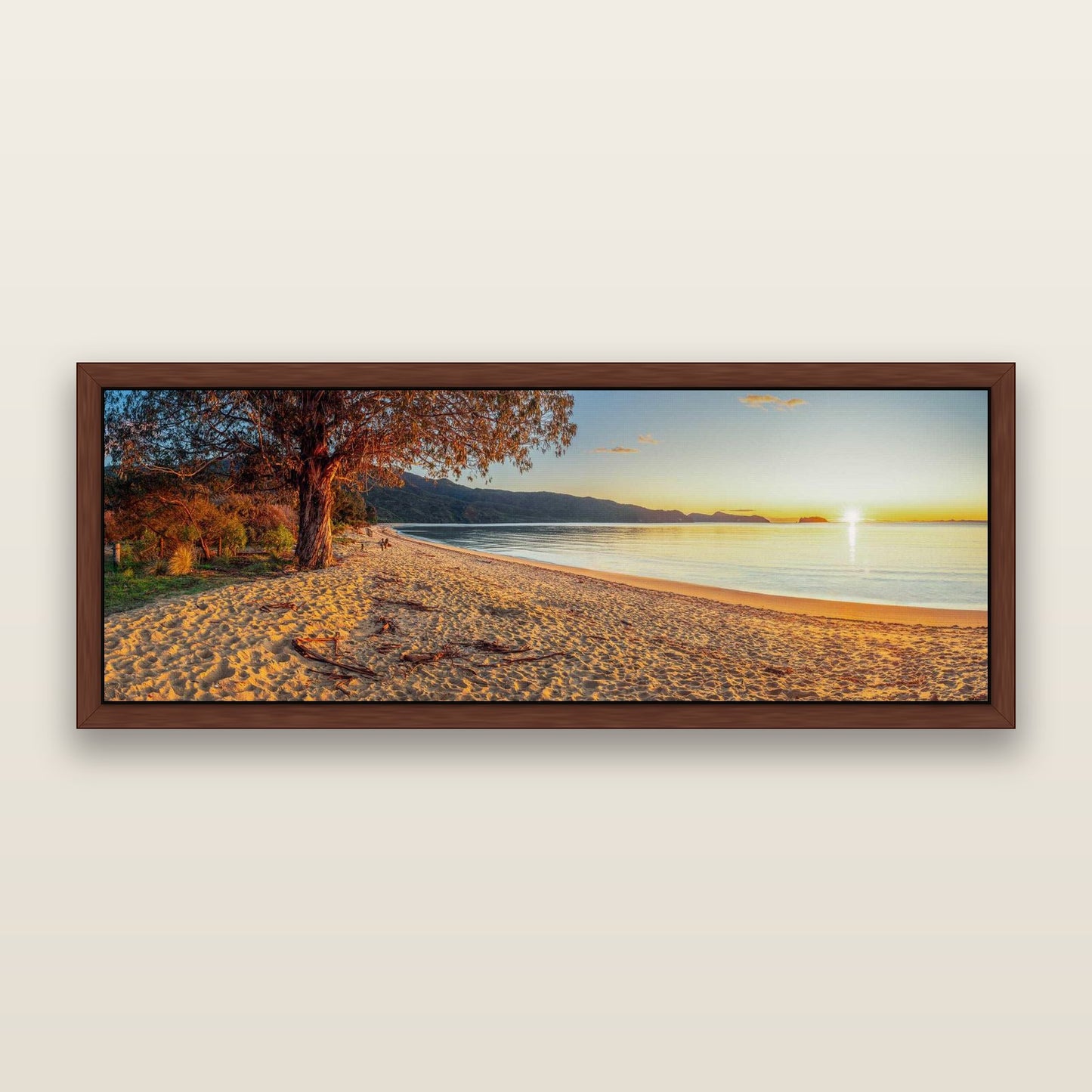 Golden Gateway, Abel Tasman Awakening — framed metallic canvas print, Brown frame. New Zealand fine art landscape wall art by Stephen Milner.