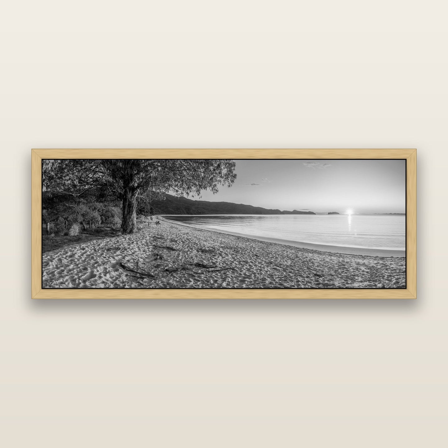 Gateway to Dawn, Abel Tasman, black and white framed metallic canvas print, Natural frame. New Zealand fine art wall art by Stephen Milner.