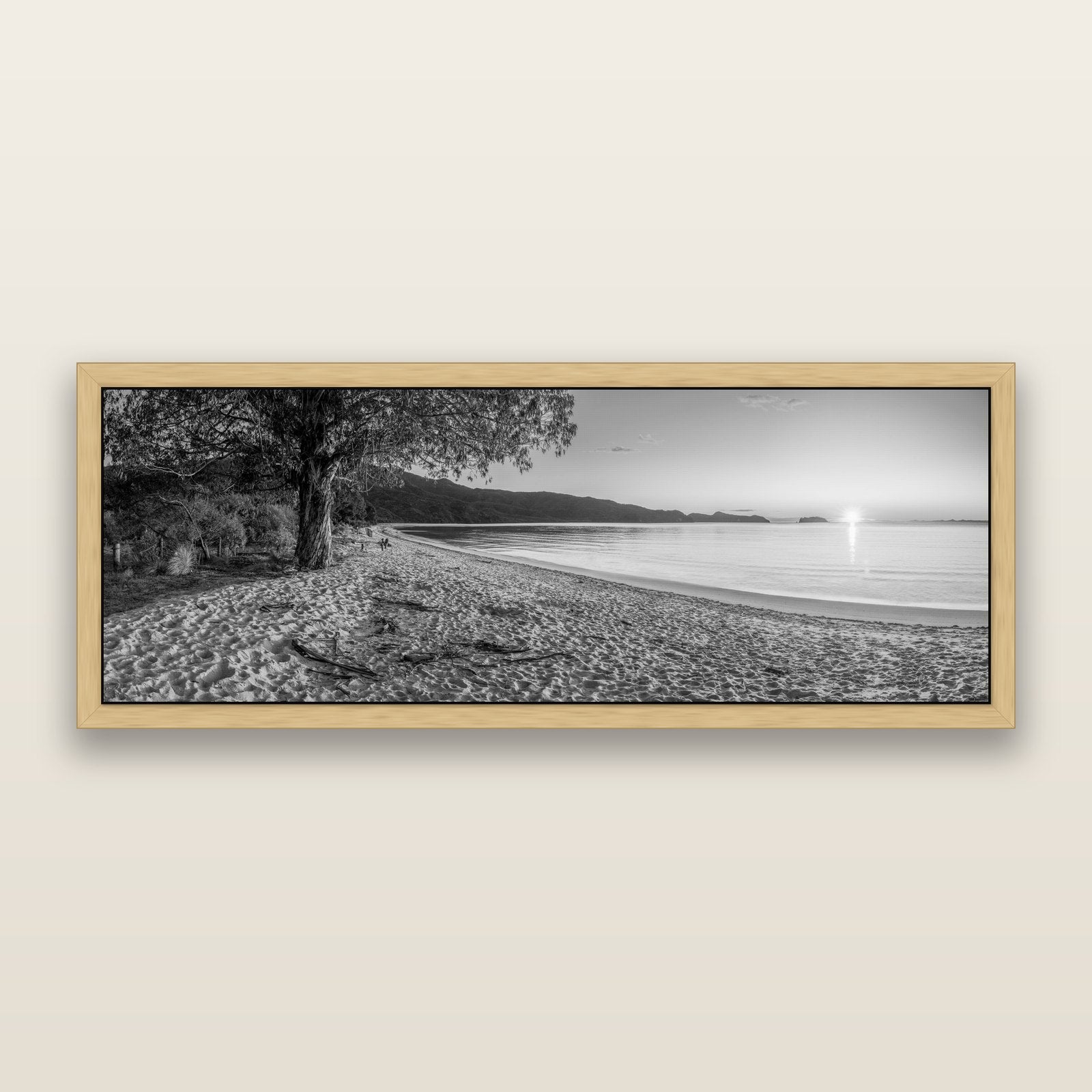 Gateway to Dawn, Abel Tasman, black and white framed metallic canvas print, Natural frame. New Zealand fine art wall art by Stephen Milner.