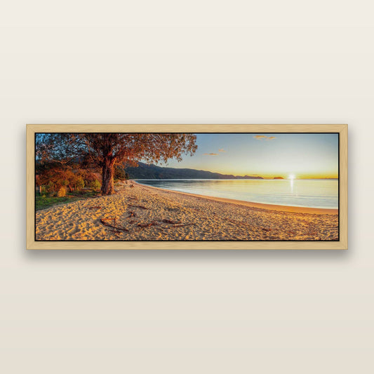 Golden Gateway, Abel Tasman Awakening — framed metallic canvas print, Natural frame. New Zealand fine art landscape wall art by Stephen Milner.