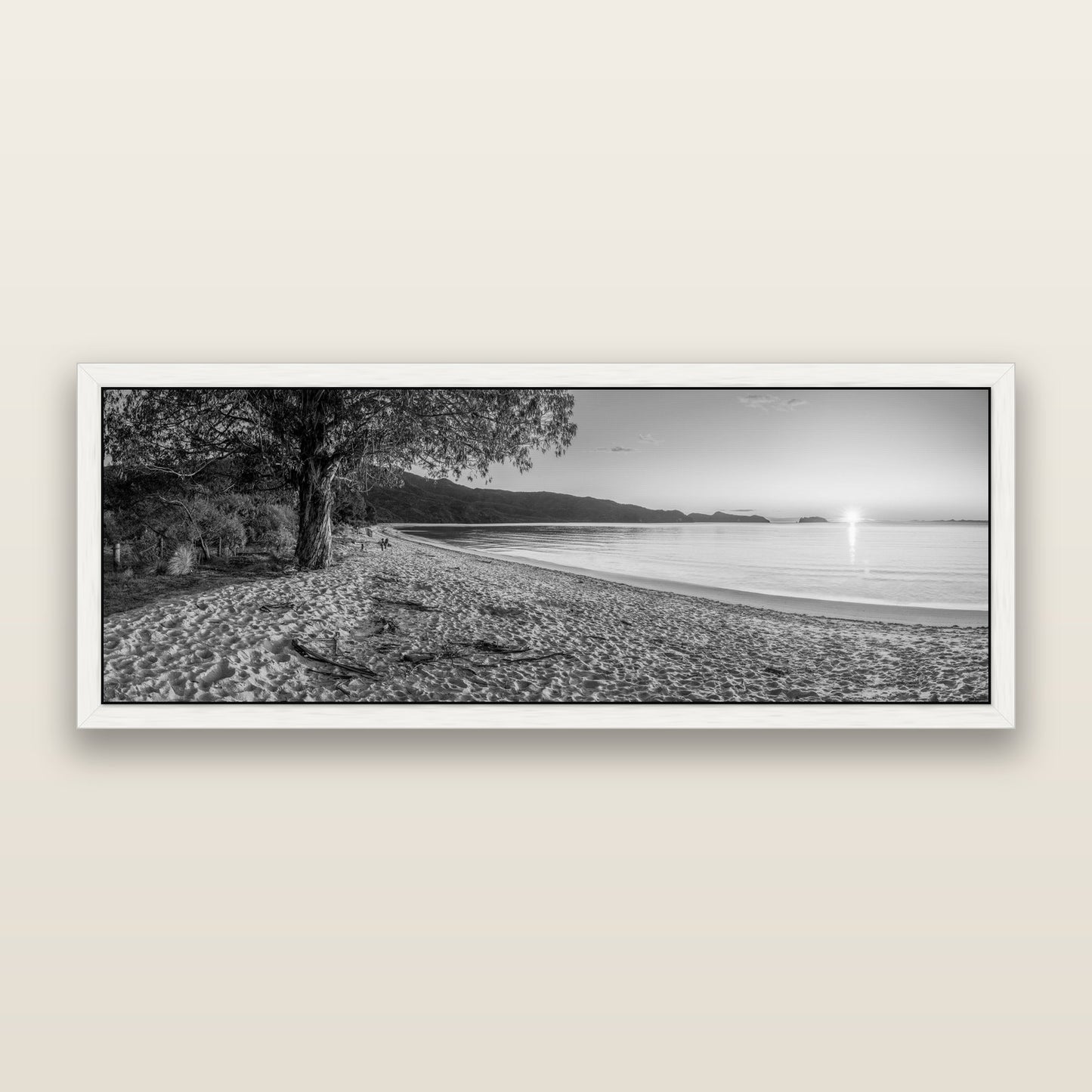 Gateway to Dawn, Abel Tasman, black and white framed metallic canvas print, White frame. New Zealand fine art wall art by Stephen Milner.