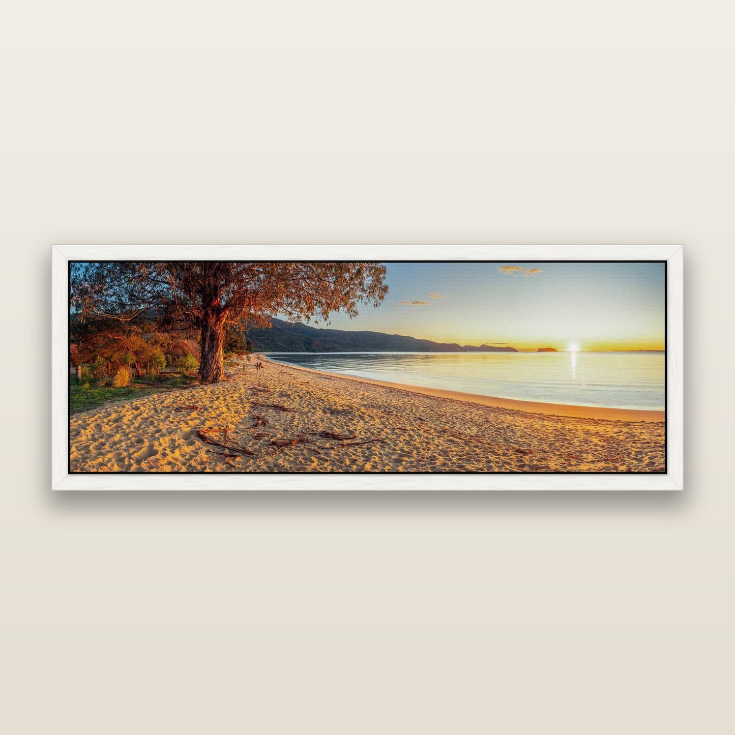 Golden Gateway, Abel Tasman Awakening — framed metallic canvas print, White frame. New Zealand fine art landscape wall art by Stephen Milner.
