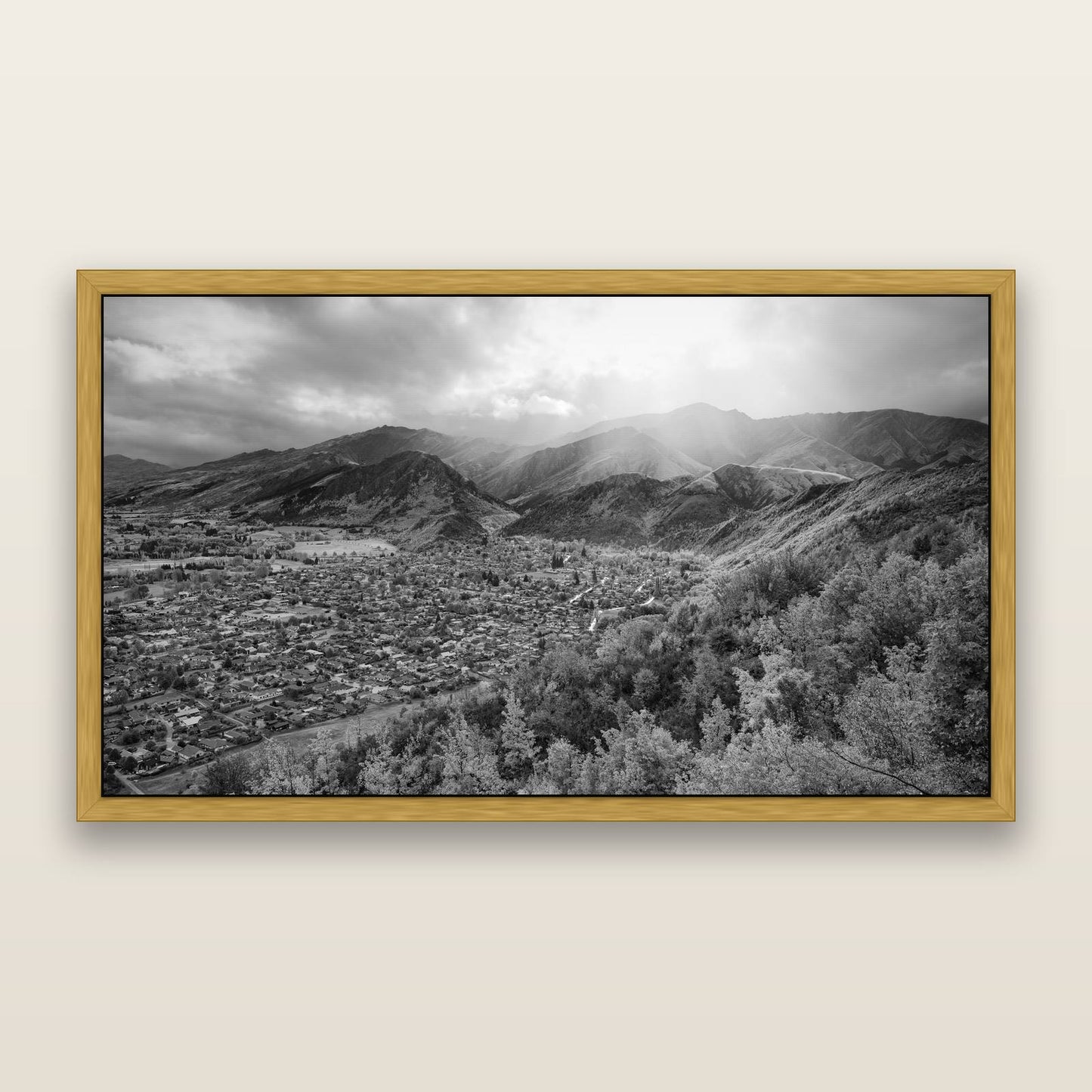Light Over the Valley, Arrowtown, black and white framed metallic canvas print, Antique Gold frame. New Zealand fine art wall art by Stephen Milner.