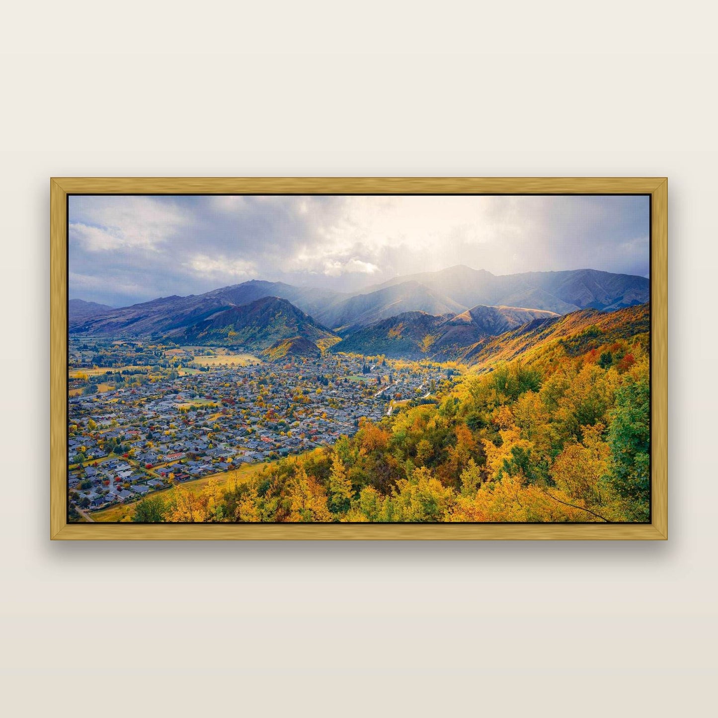 Golden Hills, Arrowtown — framed metallic canvas print, Antique Gold frame. New Zealand fine art landscape wall art by Stephen Milner.