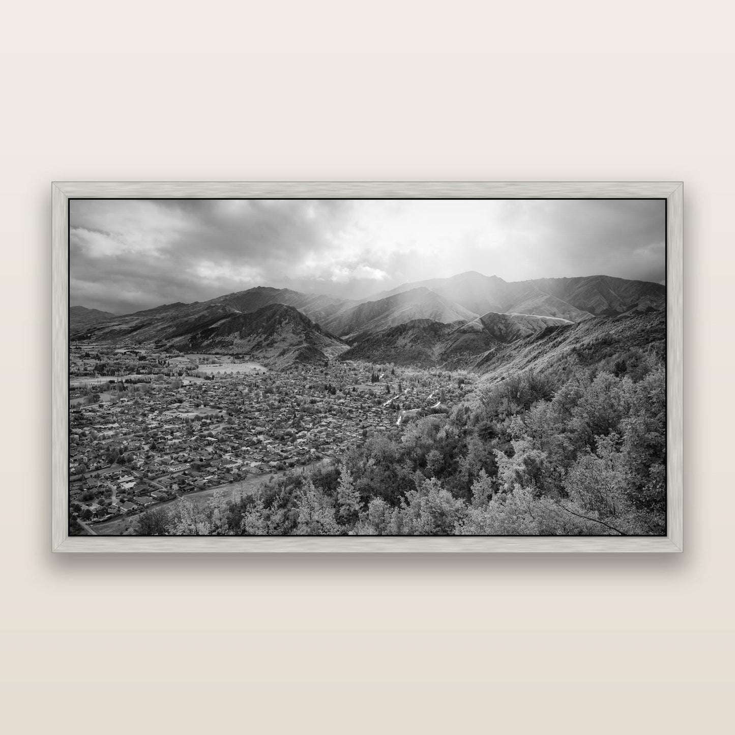 Light Over the Valley, Arrowtown, black and white framed metallic canvas print, Antique Silver frame. New Zealand fine art wall art by Stephen Milner.