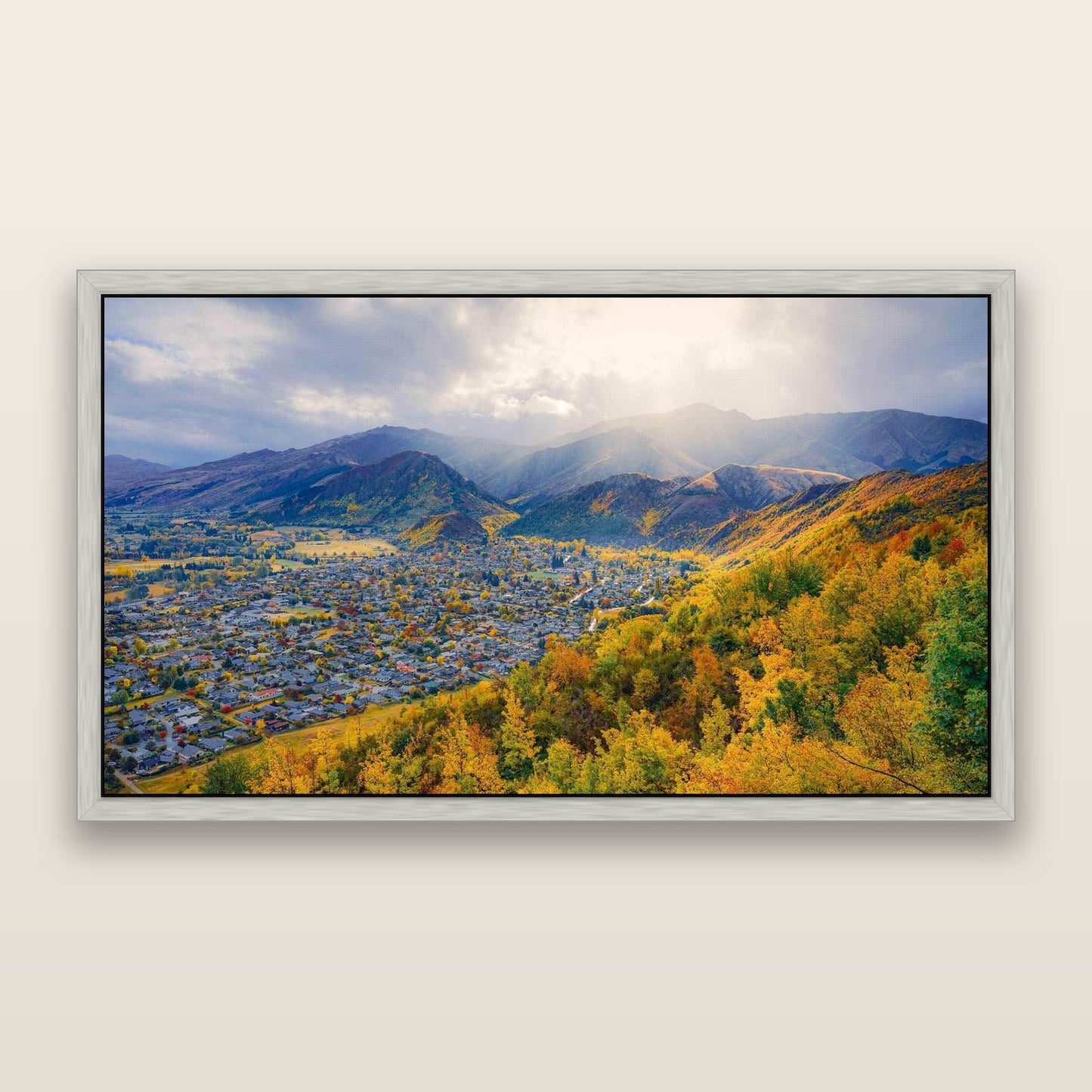 Golden Hills, Arrowtown — framed metallic canvas print, Antique Silver frame. New Zealand fine art landscape wall art by Stephen Milner.
