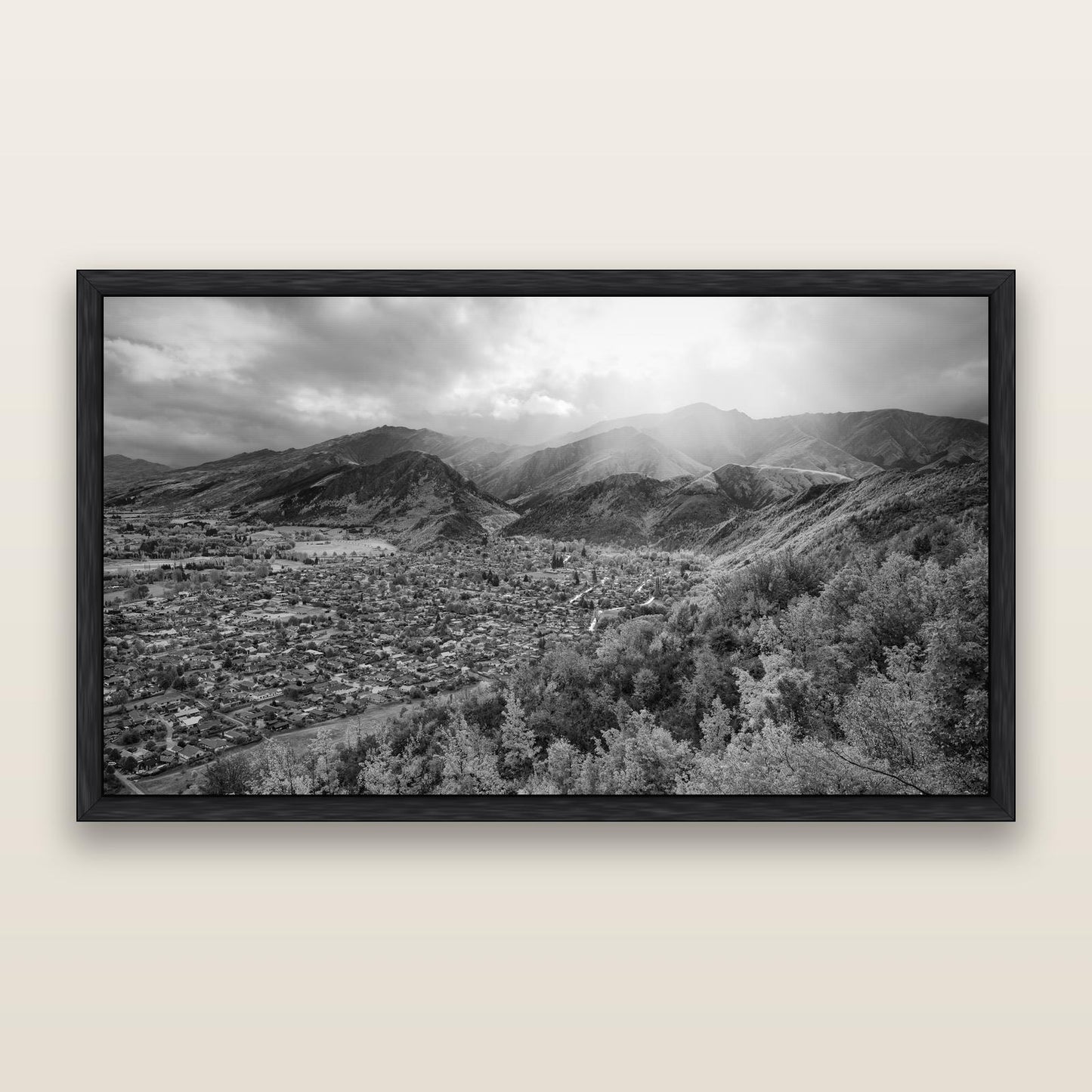 Light Over the Valley, Arrowtown, black and white framed metallic canvas print, Black frame. New Zealand fine art wall art by Stephen Milner.