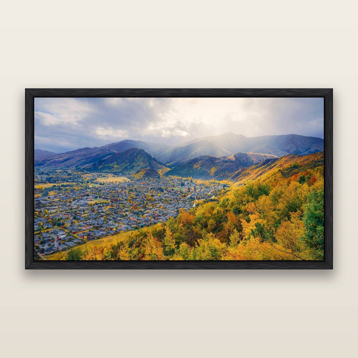 Golden Hills, Arrowtown — framed metallic canvas print, Black frame. New Zealand fine art landscape wall art by Stephen Milner.