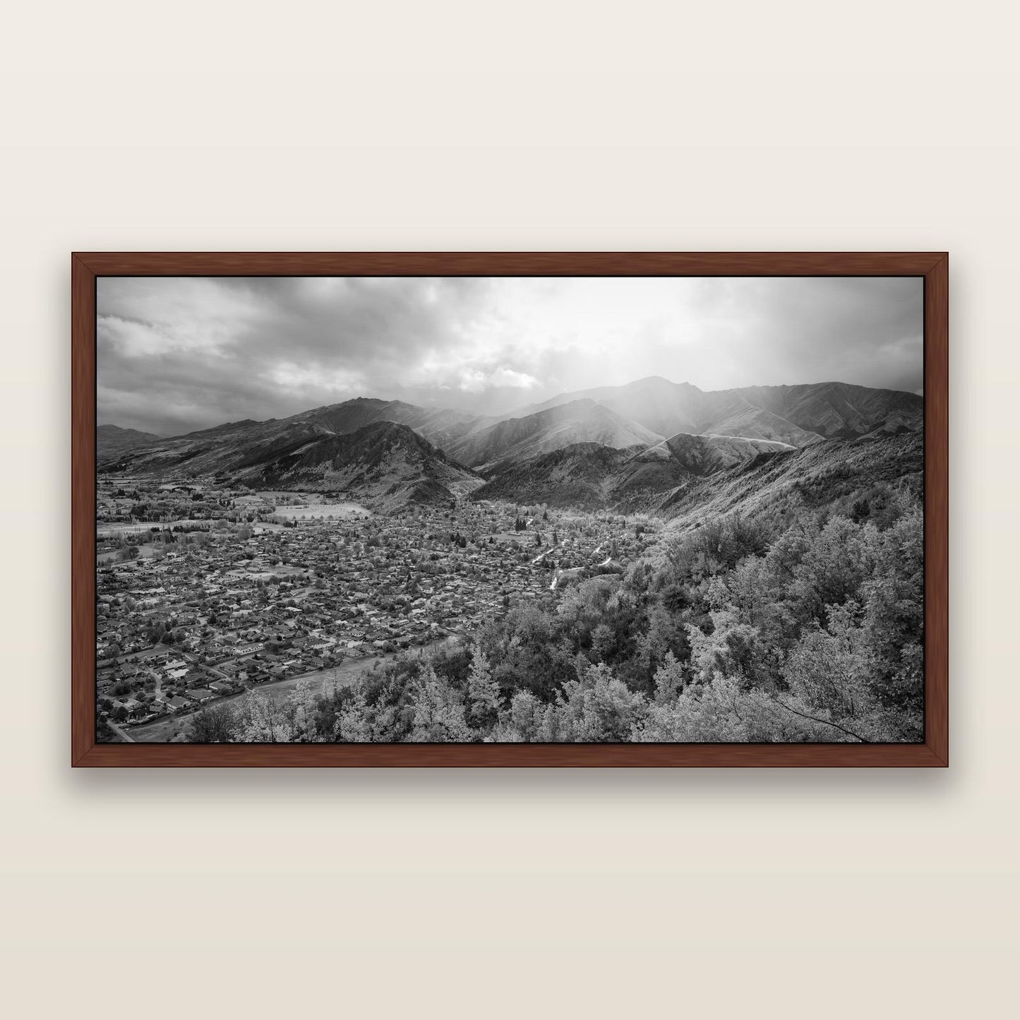 Light Over the Valley, Arrowtown, black and white framed metallic canvas print, Brown frame. New Zealand fine art wall art by Stephen Milner.