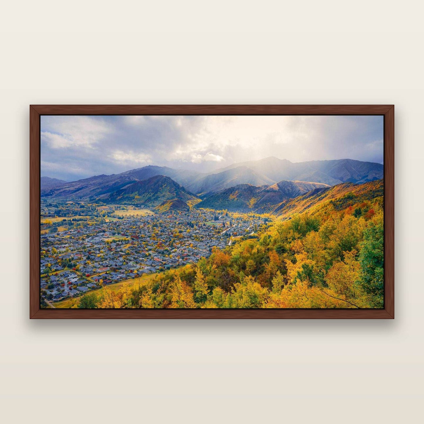Golden Hills, Arrowtown — framed metallic canvas print, Brown frame. New Zealand fine art landscape wall art by Stephen Milner.