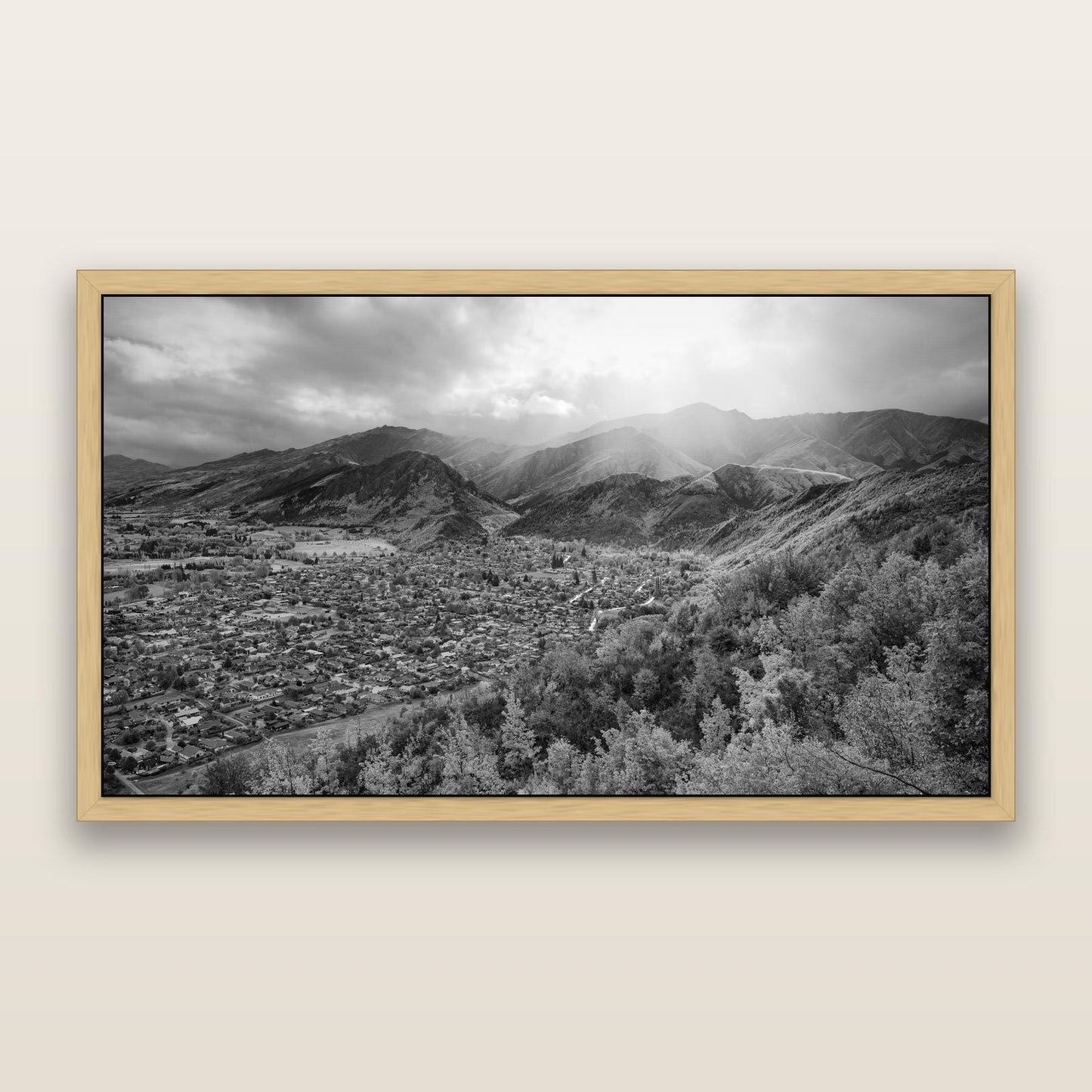 Light Over the Valley, Arrowtown, black and white framed metallic canvas print, Natural frame. New Zealand fine art wall art by Stephen Milner.