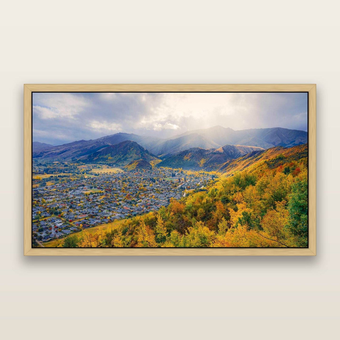 Golden Hills, Arrowtown — framed metallic canvas print, Natural frame. New Zealand fine art landscape wall art by Stephen Milner.