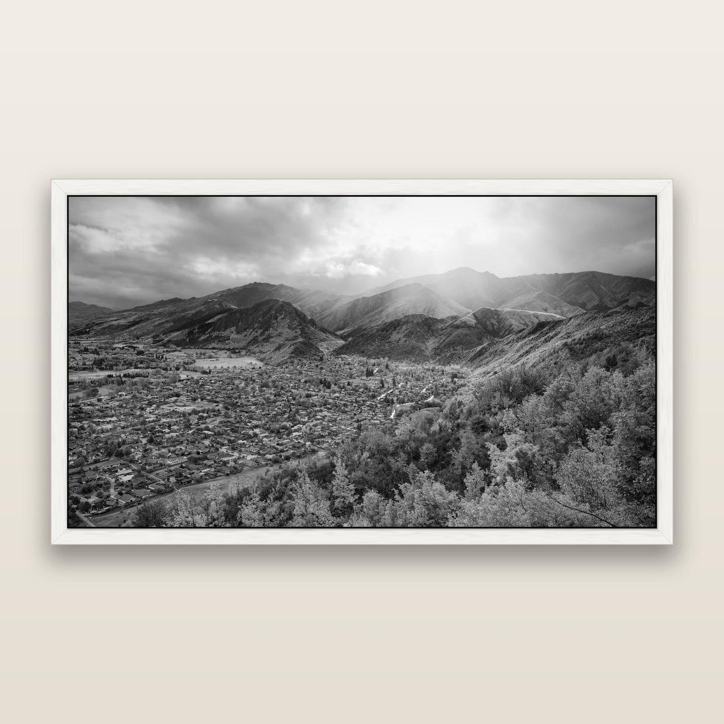 Light Over the Valley, Arrowtown, black and white framed metallic canvas print, White frame. New Zealand fine art wall art by Stephen Milner.