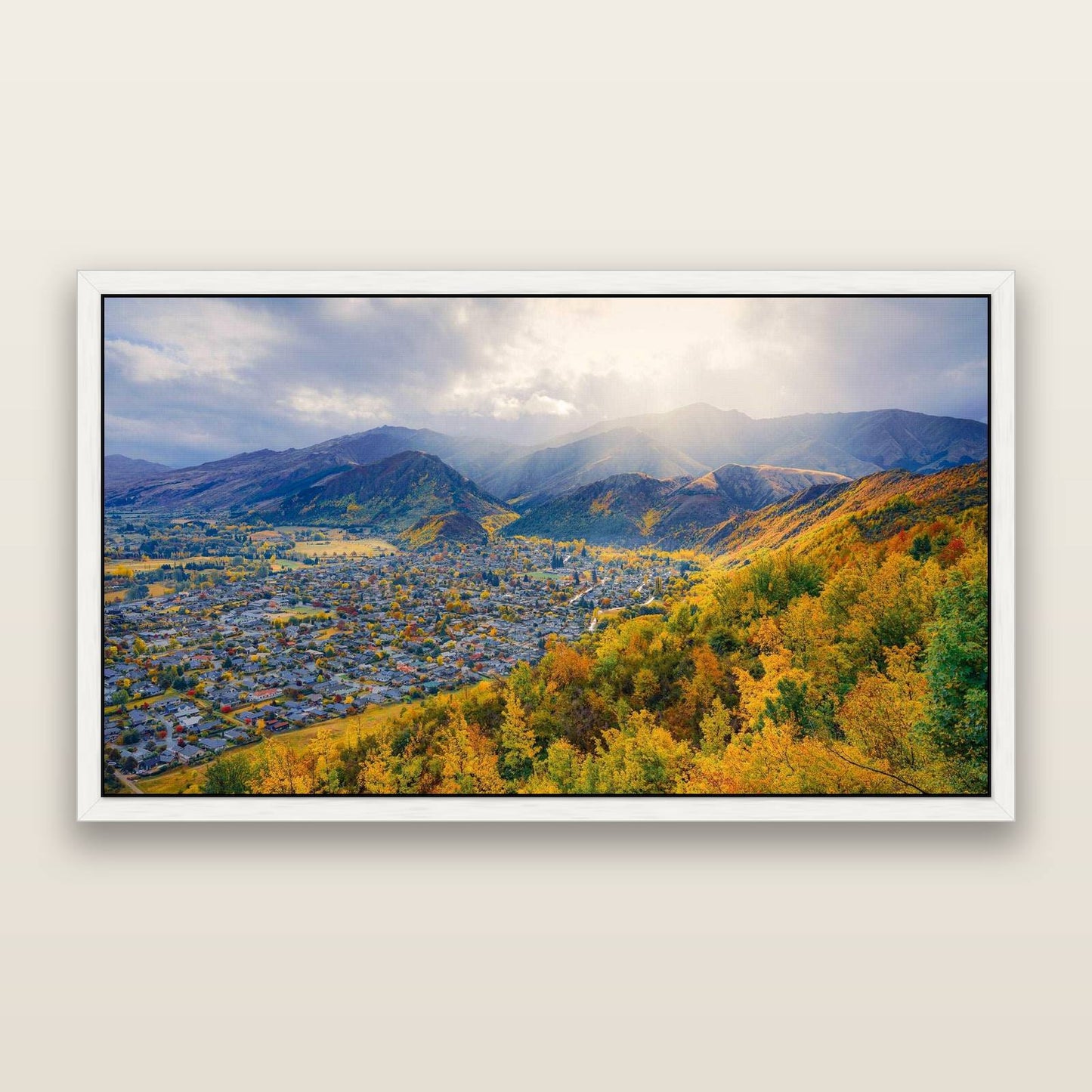 Golden Hills, Arrowtown — framed metallic canvas print, White frame. New Zealand fine art landscape wall art by Stephen Milner.