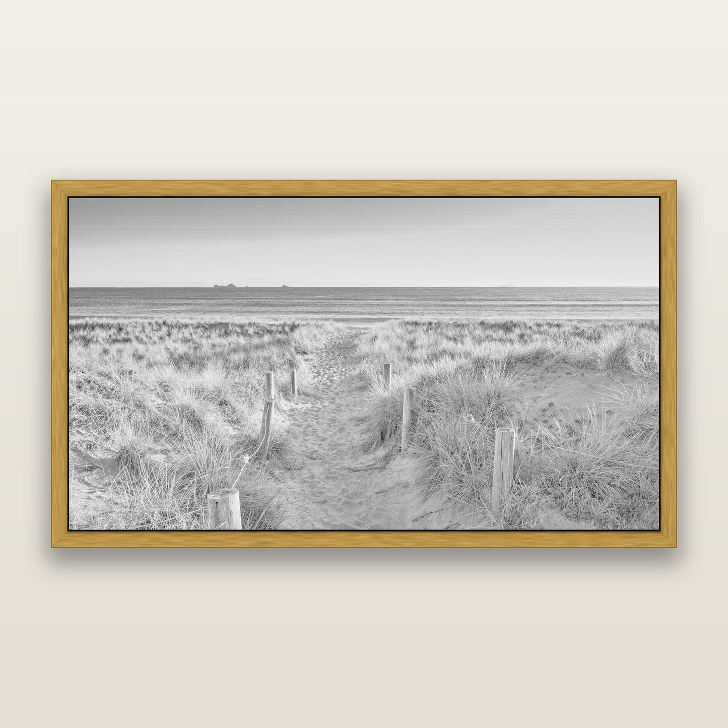 Passage to the Sea, Whakatāne, black and white framed metallic canvas print, Antique Gold frame. New Zealand fine art wall art by Stephen Milner.