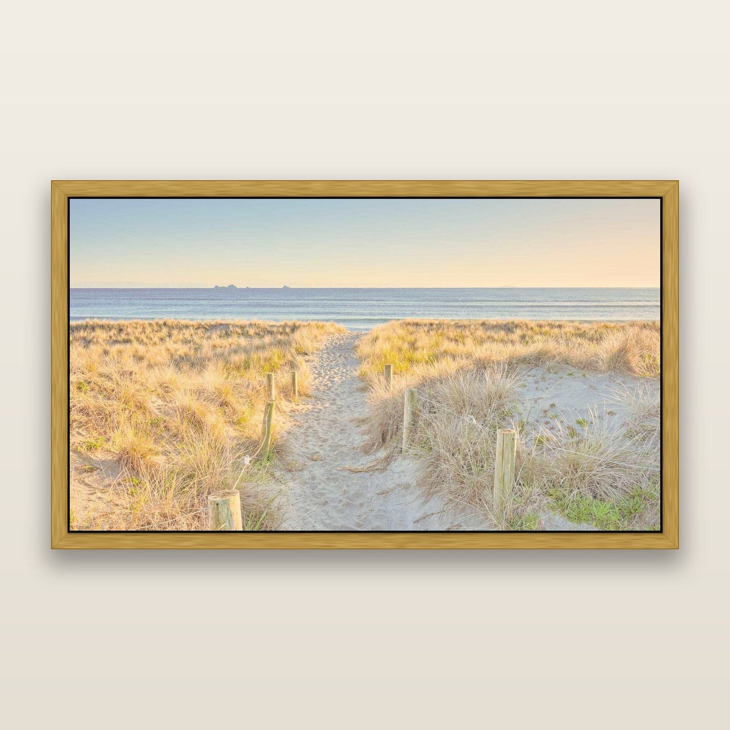 Golden Passage, Whakatāne — framed metallic canvas print, Antique Gold frame. New Zealand fine art landscape wall art by Stephen Milner.