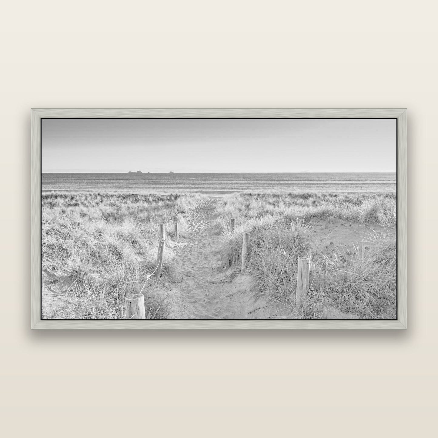 Passage to the Sea, Whakatāne, black and white framed metallic canvas print, Antique Silver frame. New Zealand fine art wall art by Stephen Milner.
