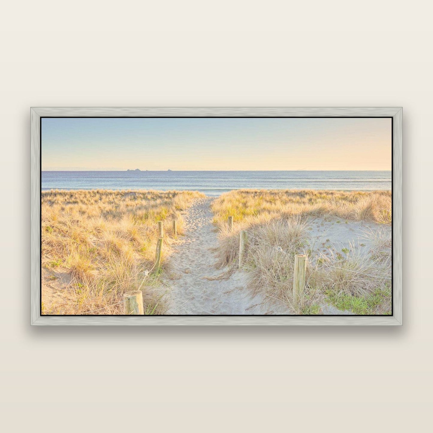 Golden Passage, Whakatāne — framed metallic canvas print, Antique Silver frame. New Zealand fine art landscape wall art by Stephen Milner.