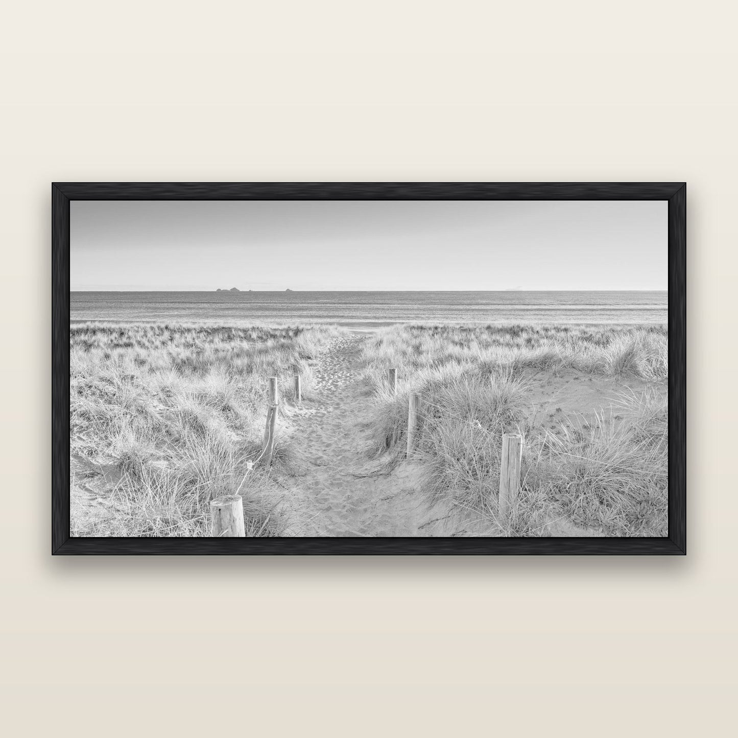 Passage to the Sea, Whakatāne, black and white framed metallic canvas print, Black frame. New Zealand fine art wall art by Stephen Milner.