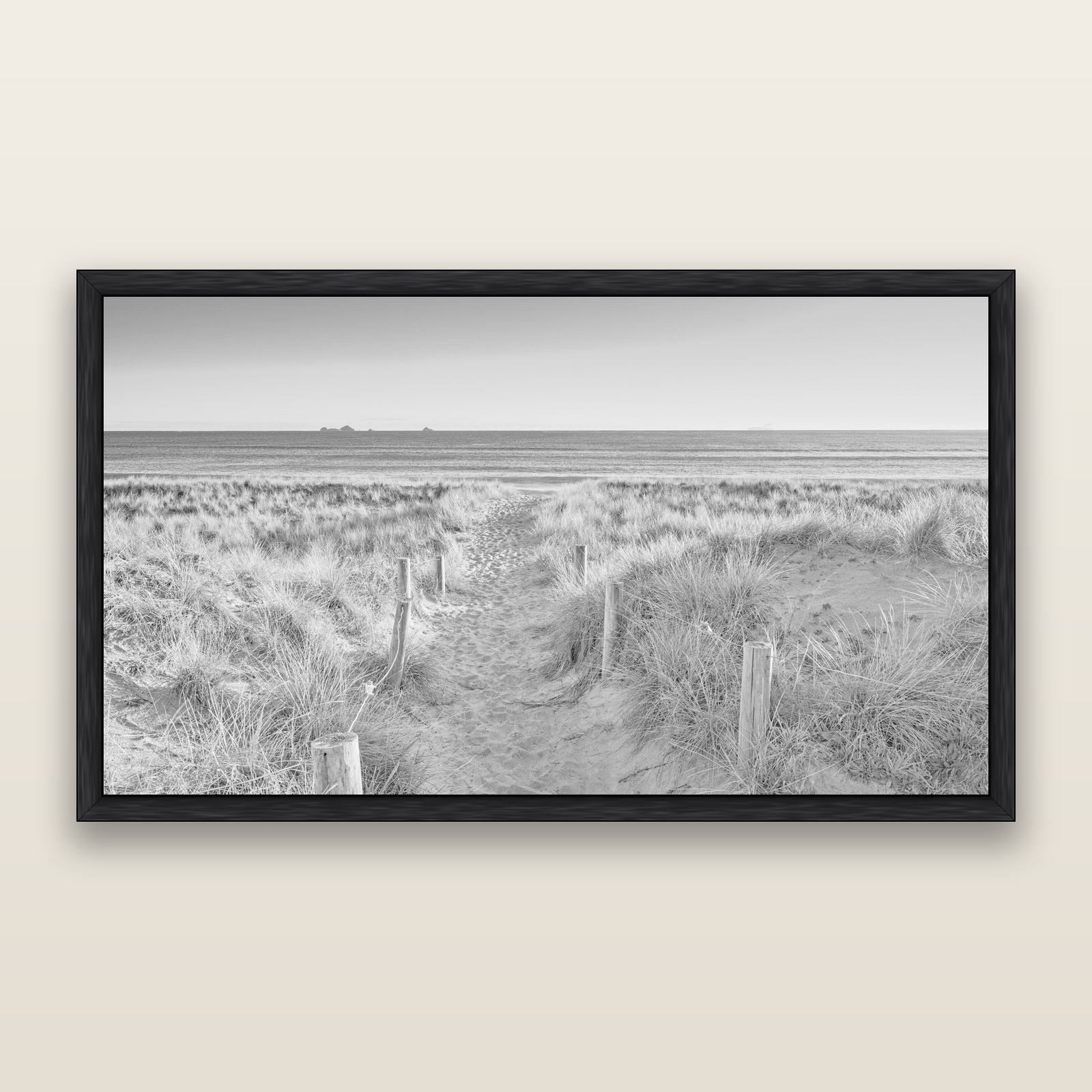Passage to the Sea, Whakatāne, black and white framed metallic canvas print, Black frame. New Zealand fine art wall art by Stephen Milner.