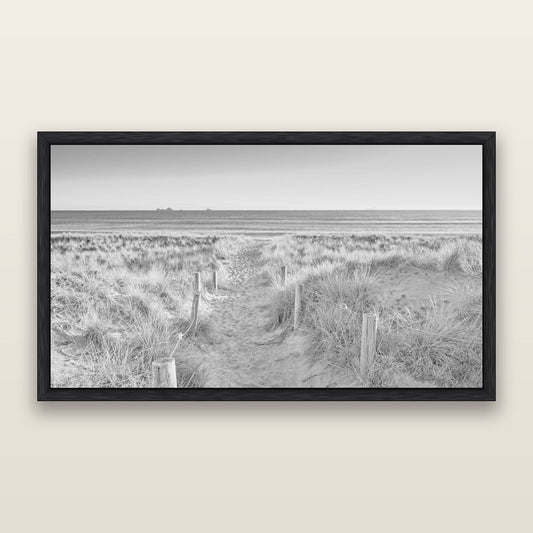 Passage to the Sea, Whakatāne, black and white framed metallic canvas print, Black frame. New Zealand fine art wall art by Stephen Milner.