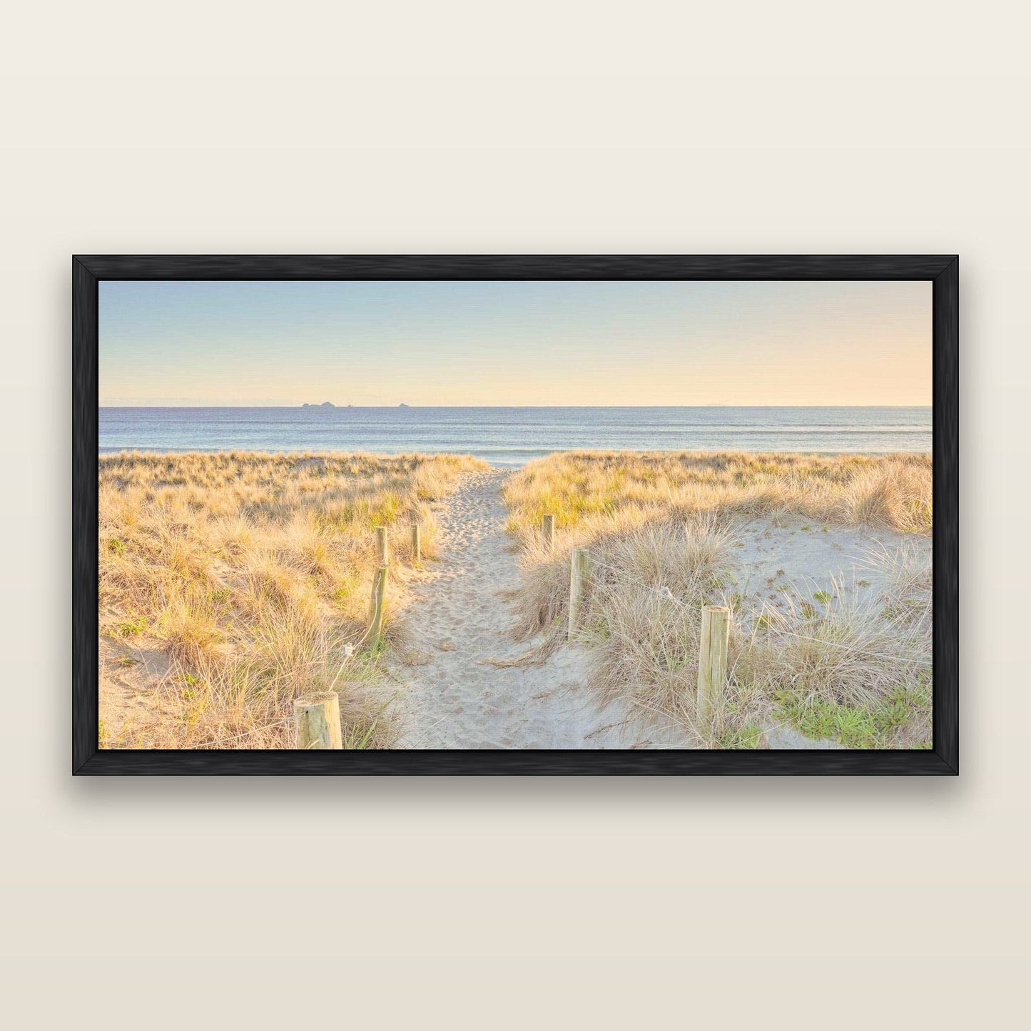 Golden Passage, Whakatāne — framed metallic canvas print, Black frame. New Zealand fine art landscape wall art by Stephen Milner.