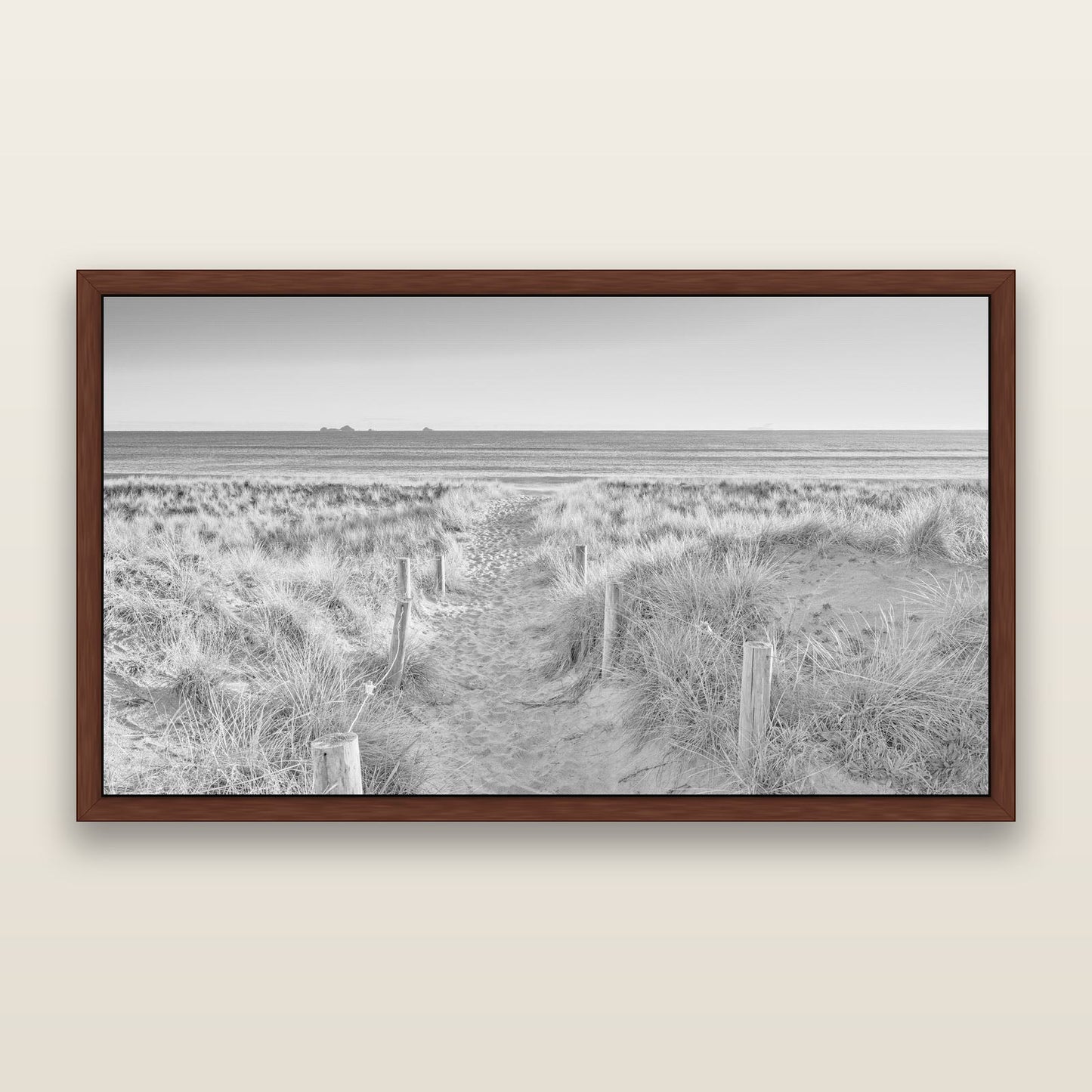 Passage to the Sea, Whakatāne, black and white framed metallic canvas print, Brown frame. New Zealand fine art wall art by Stephen Milner.