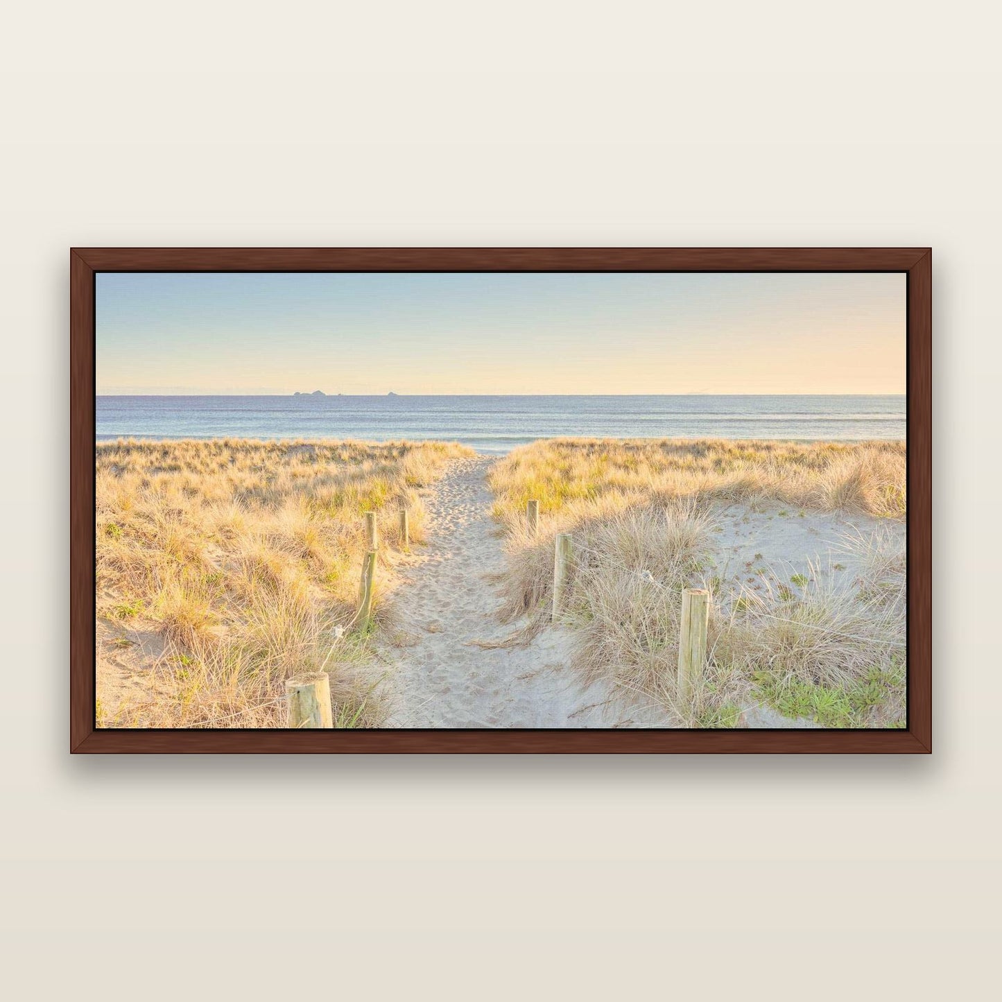 Golden Passage, Whakatāne — framed metallic canvas print, Brown frame. New Zealand fine art landscape wall art by Stephen Milner.