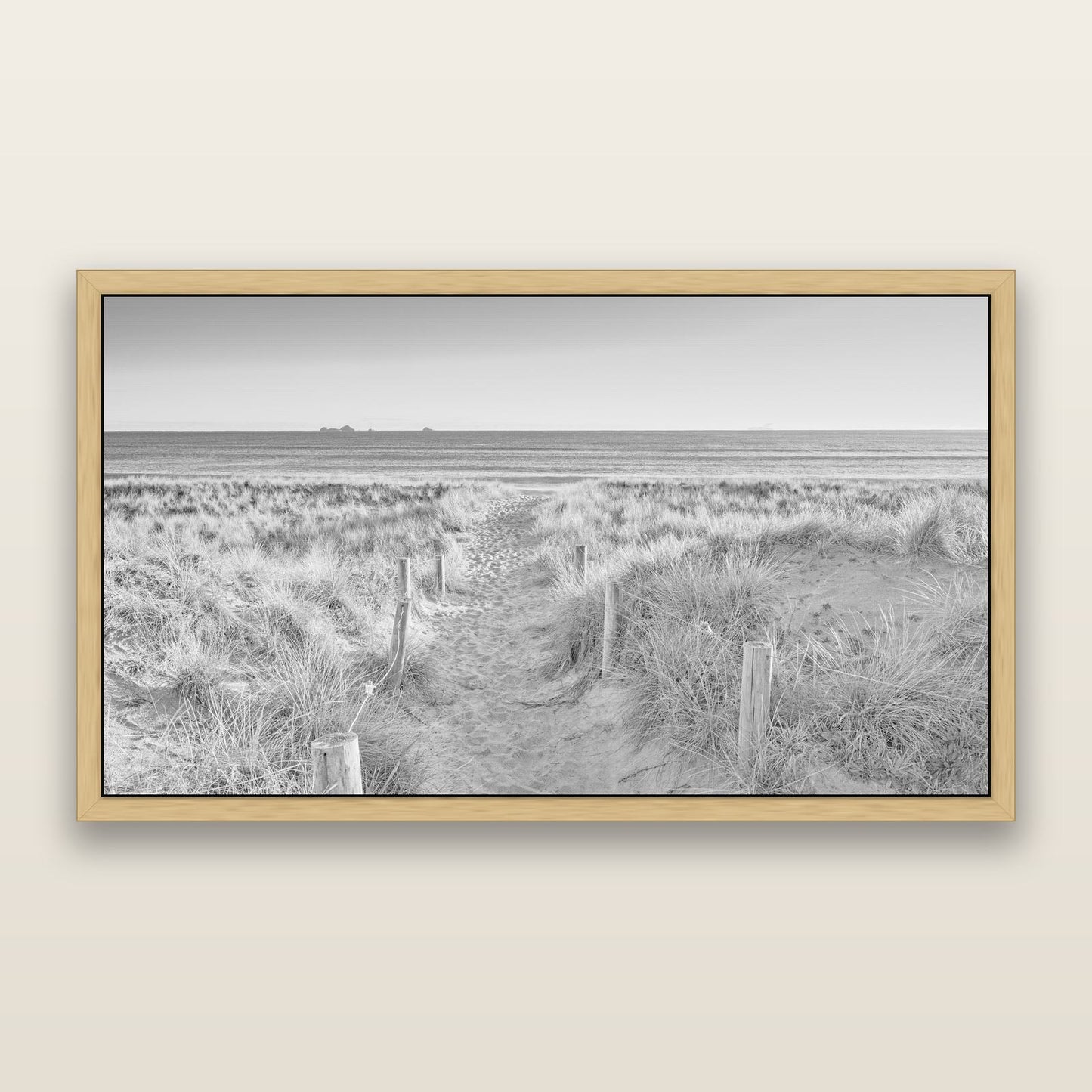 Passage to the Sea, Whakatāne, black and white framed metallic canvas print, Natural frame. New Zealand fine art wall art by Stephen Milner.